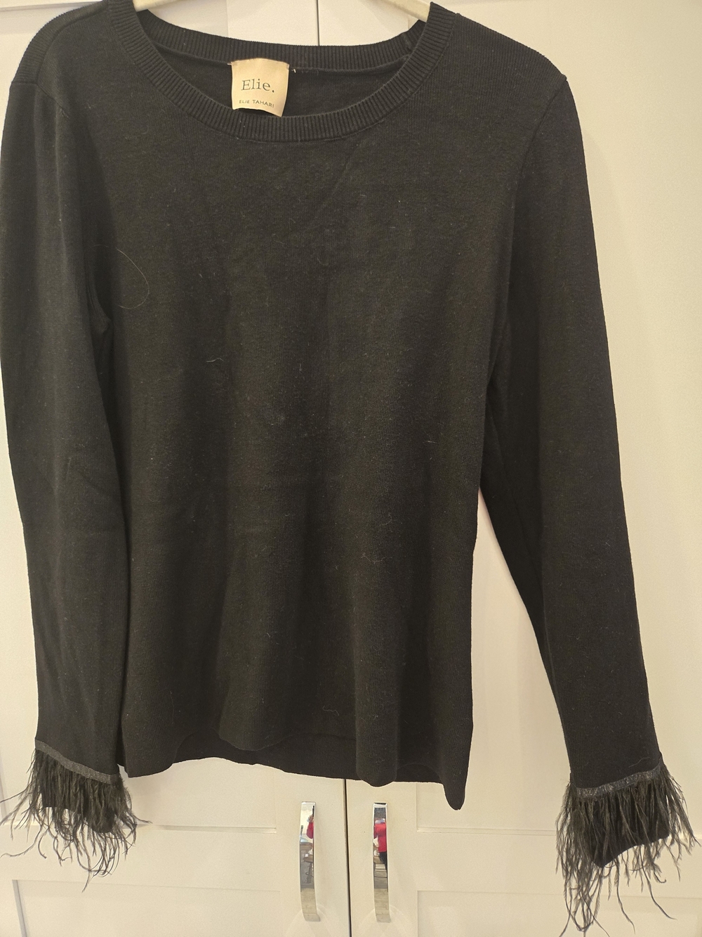 Elie Tahari Black Long-Sleeve Feather Cuff Sweater